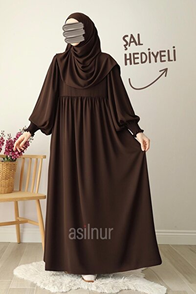 ASİLNUR Hüsna Balon Kol Ferace Şal Hediyeli Takım Kahverengi