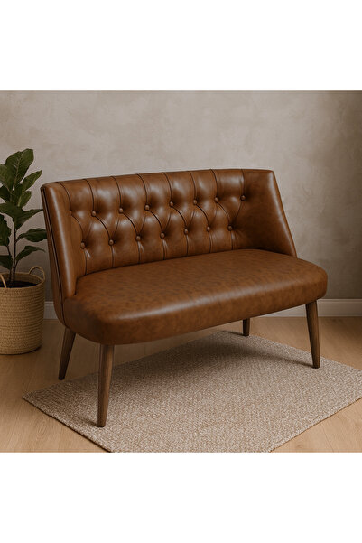 Azra Mobilya Milano İkili Modern Koltuk - Deri Kumaş - Ahşap Ayak - Acı Kahve