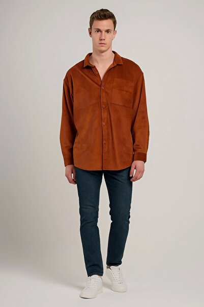 ayakuydur Erkek Kiremit Rengi Kadife Gömlek