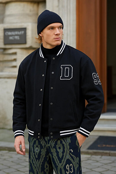 DAMGA JEANS Men's Oversize Embroidered Black Loose Jeans College Jacket