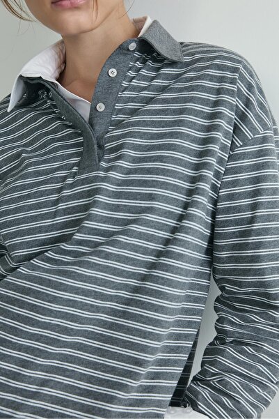 Suud Collection Gray Monroe Striped Polo Neck T-Shirt