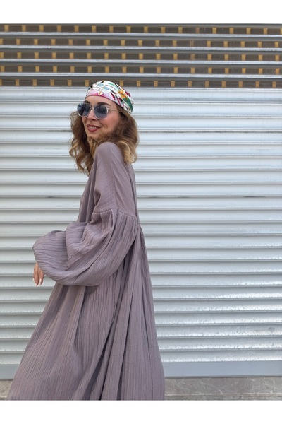 meutique Balon Kollu Salaş Uzun Gül Kurusu Elbise