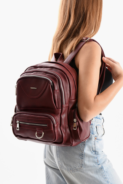 H&D COLLECTİON Mega women's faux leather burgundy multi-compartment waterproof backpack