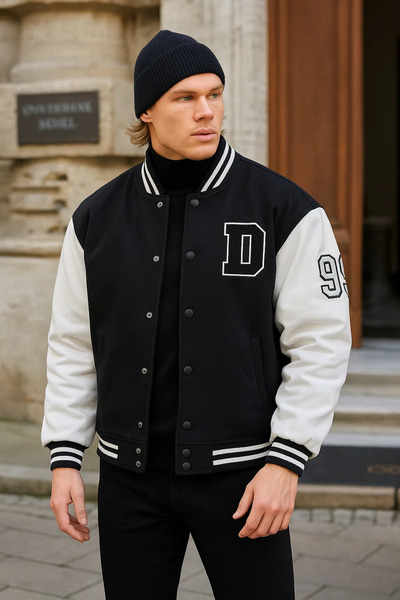 DAMGA JEANS Men's Oversize Embroidered Black Loose Jeans College Jacket