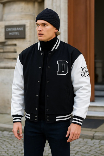 DAMGA JEANS Men's Oversize Embroidered Black Loose Jeans College Jacket
