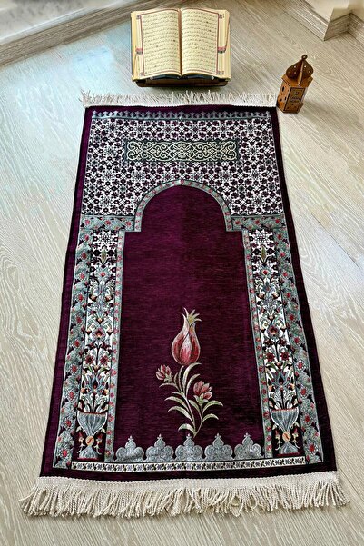 MUSK STORE Tulip Design Luxury Quilted Chenille Fabric Prayer Mat 115X66 Cm. 800g. Bordeaux