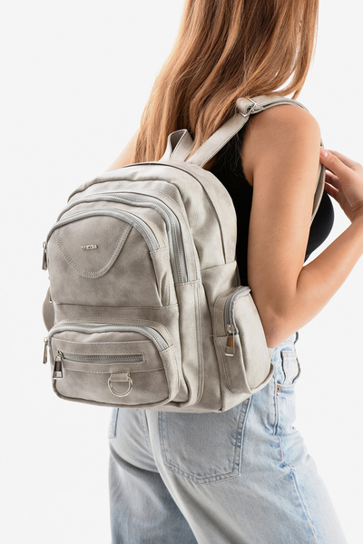 H&D COLLECTİON Mega women's faux leather gray multi-compartment waterproof backpack