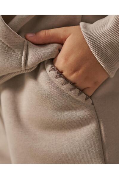 Magu Girls' Cotton Beige Hooded Sweatshirt Tracksuit Top and Bottom Set - Comfortable Casual Wear