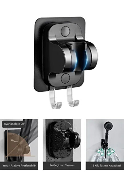 mucit home Siyah Nano Kendinden Yapışkanlı Banyo Duş Başlığı Askısı 15 kg Taş...