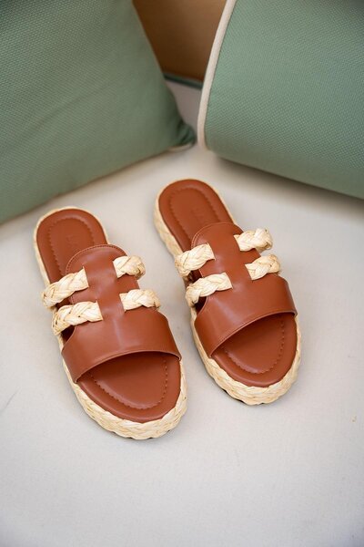 LamintaGlobal Frida Tan Straw Striped Women's Slippers