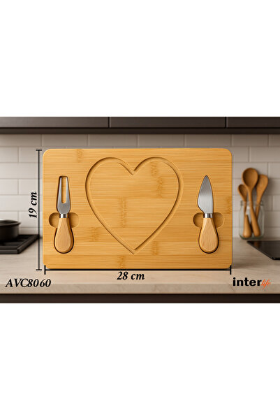 İnterlife Bamboo Cheese Presentation Set with Knife Romantic Presentation Plate with Heart Shape Cheese Serving Set 28 X 19 cm