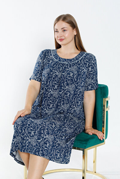 İntensive Cămașă de noapte pentru femei, cu mâneci scurte, din viscoză elastică, cu model bleumarin