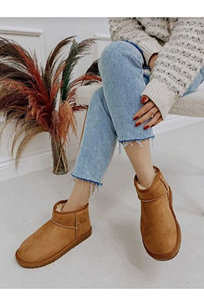 WEBORN Ultra Mini Kışlık Taba Süet Kısa Bilek İçi Tüylü Kürklü İnce Taban Sıcak Kadın Bot