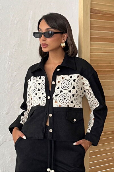 BRGCLOTHING سترة نسائية بتفاصيل دانتيل وتصميم من الجلد المدبوغ