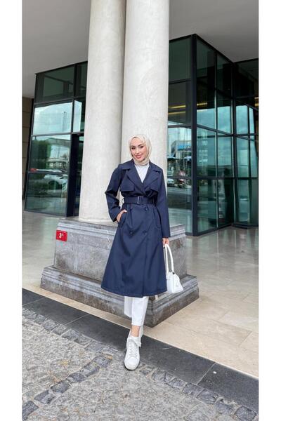 moda crn Düğmeli Toka Detaylı Tesettür Trençkot