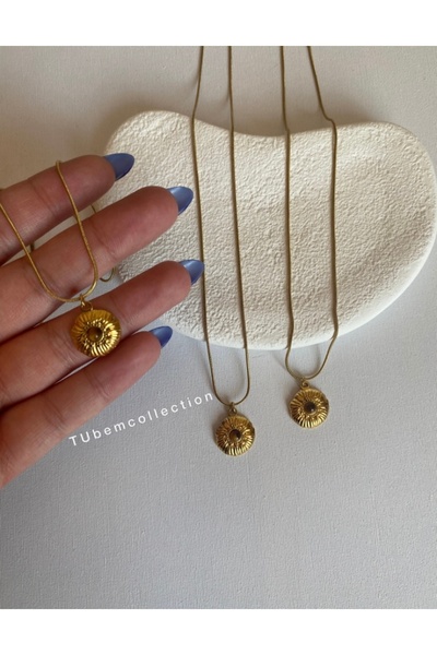 COLLECTİON Altın Renk çelik Kolye – Kahverengi Taş Detaylı