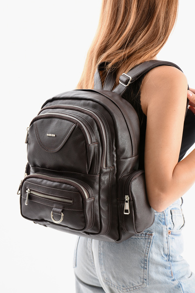 H&D COLLECTİON Mega Women's Faux Leather Brown Multi-Compartment Waterproof Backpack 544