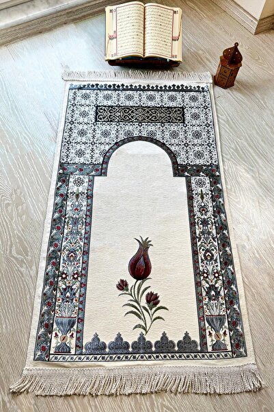 MUSK STORE Tulip Design Luxury Quilted Chenille Fabric Prayer Mat 115X66 Cm. 800g. Cream