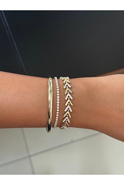 DGK COLLECTİON 14K gold renk,su yolu,düz kelepçe ve kılçık 3'lü bileklik