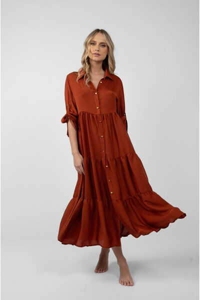 Monarh Design Rochie camasa midi cu maneca lunga si nasturi