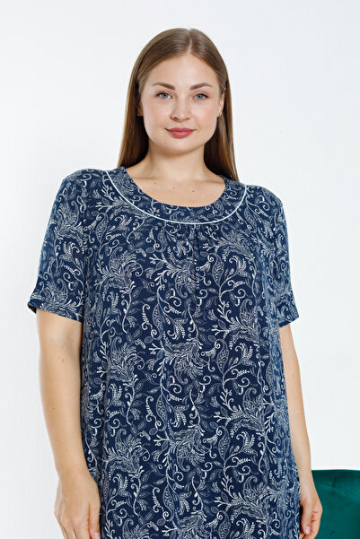 İntensive Cămașă de noapte pentru femei, cu mâneci scurte, din viscoză elastică, cu model bleumarin