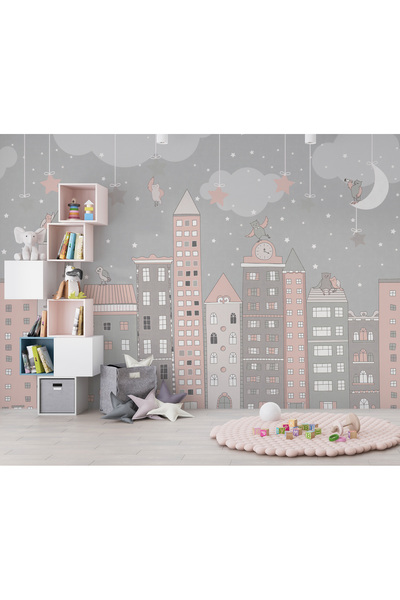 Tasarım Pastel Evler Bulutlar ve Yıldızlar Soft Renkler Çocuk Odası Duvar Kağıdı