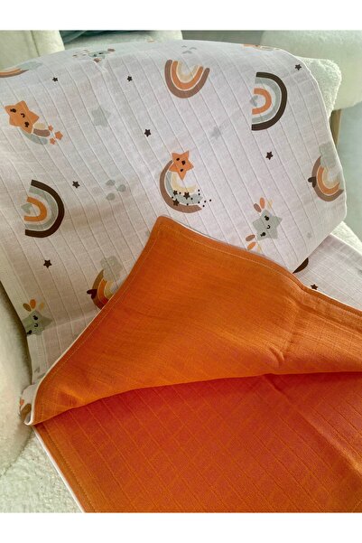 NOBLEKIDS 80 X 90 Unisex Baby Blanket - Orange & Animal Figured Muslin