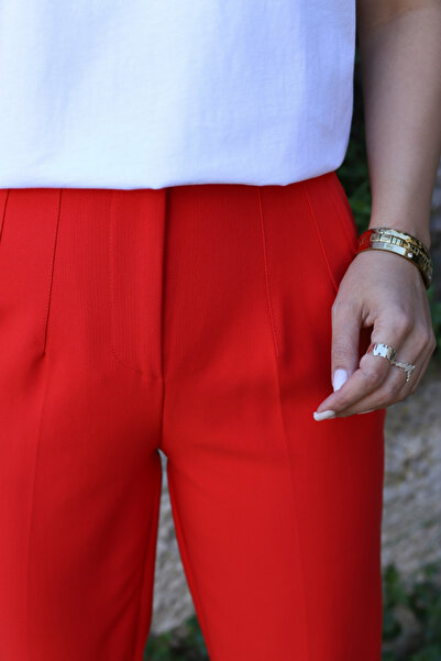 bytugcekaya Pomegranate Flower Front Flatolu Fabric Trousers