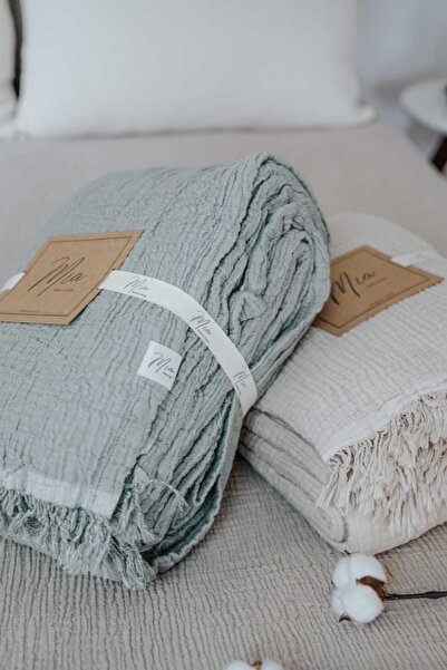 Mia Mina Home Baby Single Bedspread - Pike 4 Layer Muslin 100% Cotton Fringed Double Color Khaki / Ecru