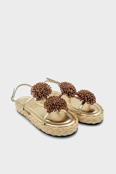 LamintaGlobal Coky Gold Floral Detailed Straw Women's Sandals