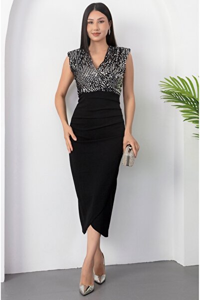 Afiş Butik Rochie midi din crep cu decolteu dublu negru cu detaliu din paiete...