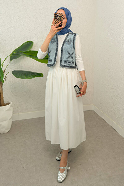 zhrcelebi Pul Nakışlı Denim Yelek 92030 - MAVİ