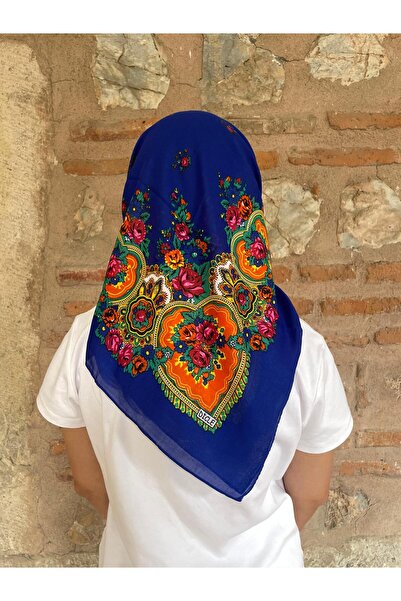 Sobe Hediyelik Mardin Calligraphy Blue Background Floral Patterned Headscarf 100X100 cm – Dowry and Daily Use