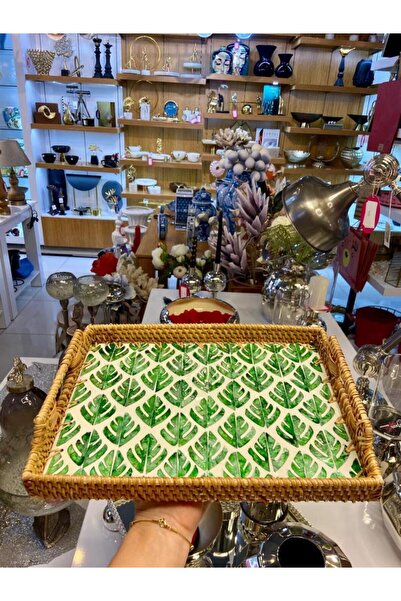 ÇIRPAN EV YEŞİL YAPRAK DİKDÖRTGEN RATTAN TEPSİ 29X20CM