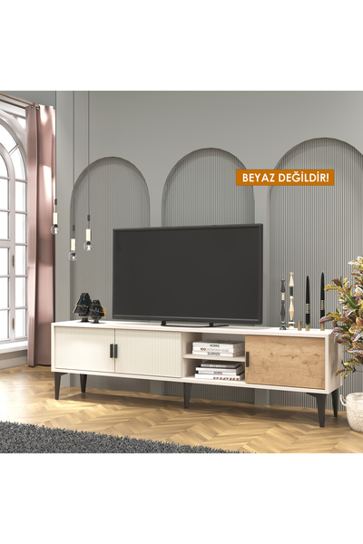 Cool Home Marin Tv Ünitesi Tv Sehpası 180 cm Çizgi desenli , Raflı , Kumsal(S...