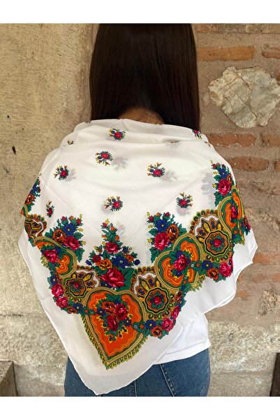 Sobe Hediyelik Mardin Calligraphy White Background Floral Patterned Headscarf 100X100 cm – Dowry and Daily Use