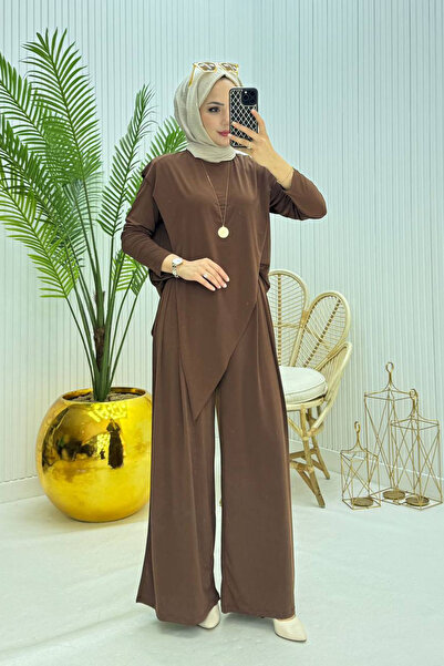 Neşeli Butik Women's Candy Fabric Asymmetrical Cut Tunic Pants Two-Piece Hijab Suit Nms072