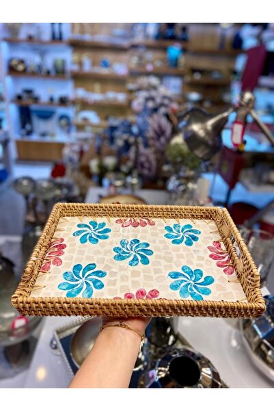 ÇIRPAN EV TAVĂ DRECTANGULARĂ DE RATTAN CU FLORI ALBASTRE 32X24CM