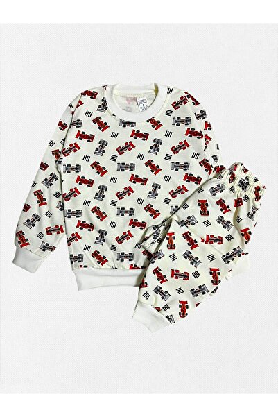 Fil Kids Boy's Cotton Fabric Ecru F-1 Formula Car Patterned Long Sleeve Pajama Set