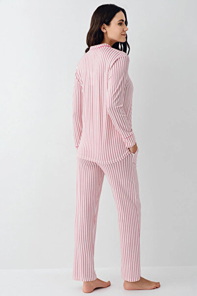 Pierre Cardin Gömlek Yaka, Cepli, Kadın Pijama Takımı, Önden Düğmeli, Uzun Kollu, %50 Pamuk & %50 Modal