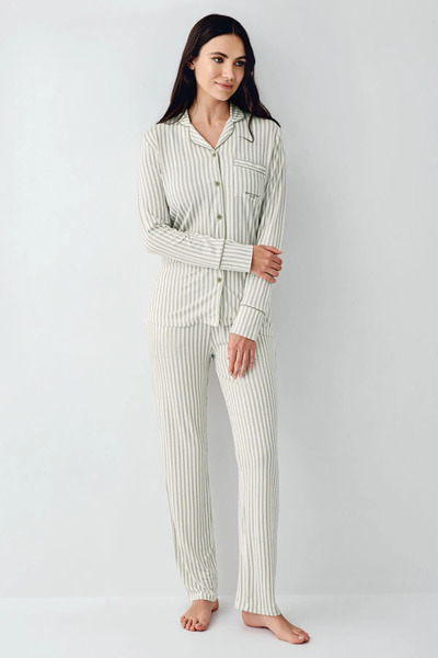 Pierre Cardin Gömlek Yaka, Cepli, Kadın Pijama Takımı, Önden Düğmeli, Uzun Kollu, %50 Pamuk & %50 Modal
