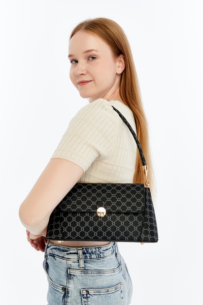 Ensar Çanta Blue Patterned Black Women's Retro Front Flap Leather Look Should...