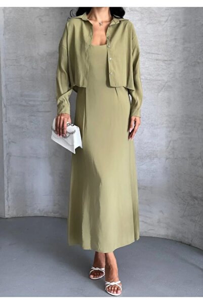 bysoca Kadın Haki Dokuma Kumaş Crop Gömlek ve U Yaka İp Askılı Uzun Elbise İkili Takım
