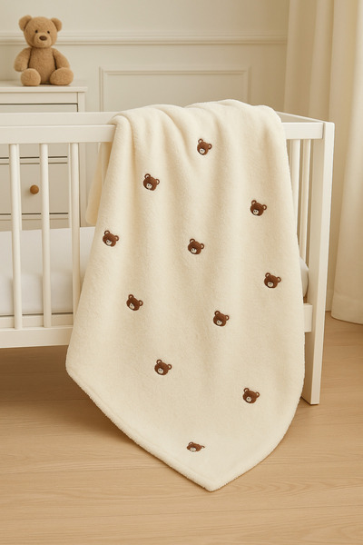 eradkids Organic Cotton Teddy Bear Patterned Embroidered Baby Blanket 90 X 110 Cream Wellsoft Antibacterial