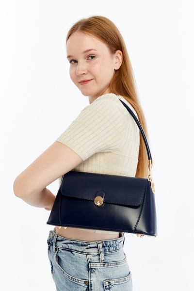 Ensar Çanta Navy Blue Women's Retro Front Flap Leather Look Shoulder Bag
