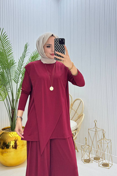 Neşeli Butik Women's Candy Fabric Asymmetrical Cut Tunic Pants Two-Piece Hijab Suit Nms072