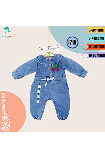 CROCODAYS Baby Girl Denim (Jeans) Romper with Bandana and Cherry Accessories (6/9/12/18) Months