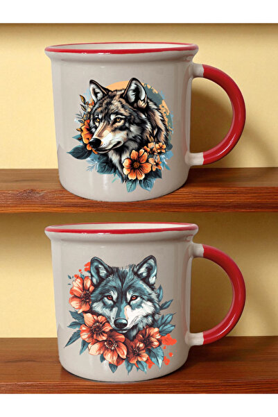 lili hediyelik كوب أحمر مطبوع عليه زهور وذئب - هدية للأصدقاء، هدايا رأس السنة...
