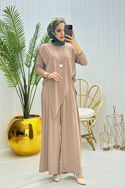 Neşeli Butik Women's Candy Fabric Asymmetrical Cut Tunic Pants Two-Piece Hijab Suit Nms072