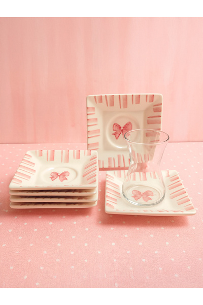 Piatti Naturali 6’lı Çay Bardağı Altlığı Seti Pembe Fiyonk Seramik El Yapımı ...
